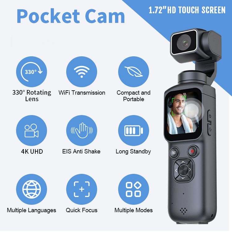 Hot Selling 330 Auto Tracking Gimbal Camera 4K Handheld Pocket Cam 1.7 Inch Touchscreen WiFi Transfer MicroSD 32GB for Vlog