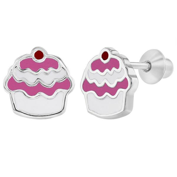 Cupcake Pink Enamel 925 Sterling Silver Screw Back Children Earrings Jewelry