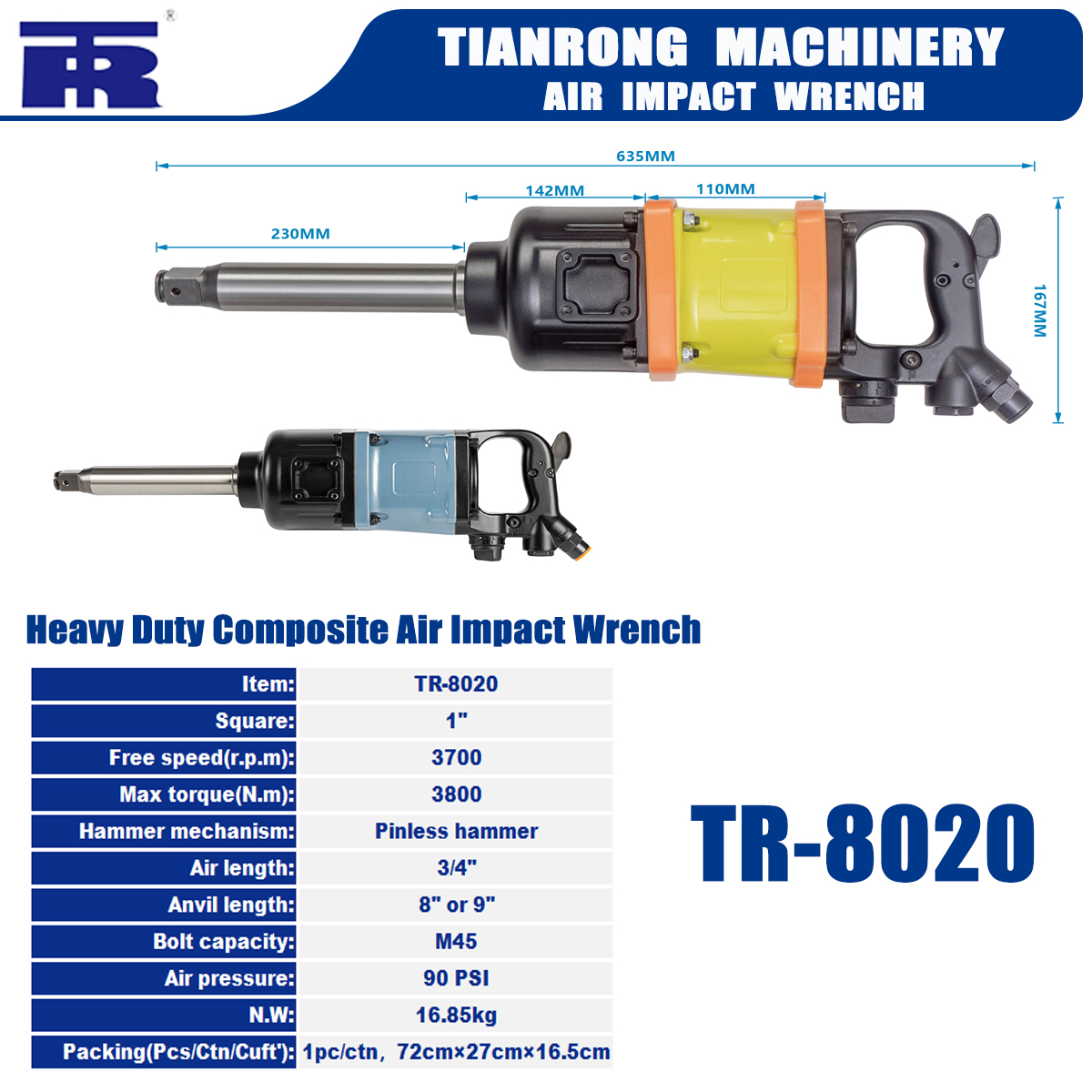 3800 н.м. Максимальный крутящий момент 1 дюйм Воздушный ударный ключ 3700 оборотов в минуту Бесплатная скорость 1 год гарантия