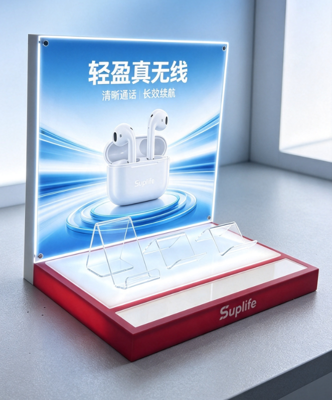 Custom LED Backlit Acrylic Display Stand | 3C Electronics & TWS Earbuds Counter Showcase