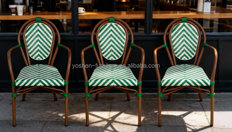 Stackable Curved-Back Synthetic Wicker & Bamboo Commercial Outdoor Green Chair
