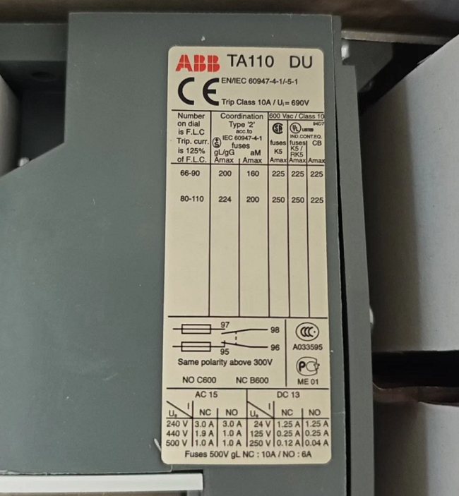 TA110DU ABB Thermal Overload Relay 69-105A Motor Protection Relay for Industrial Motor Control and Circuit Protection