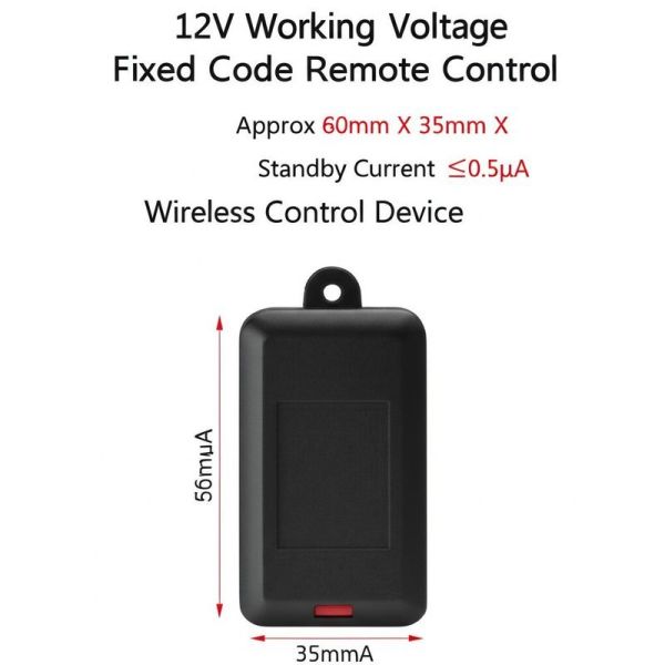 12V de tension de travail à code fixe Télécommande d'environ 60 mm X 35 mm X 15 mm Courant de veille ≤ 0,5μA Dispositif de commande sans fil
