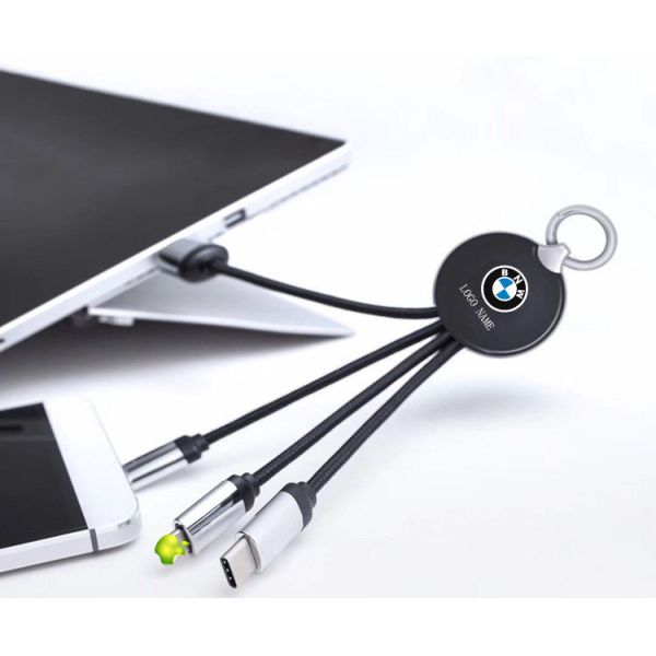 3 in 1 Light Up Logo USB Cable with Keyring and iPhone,Micro,Type-C Connector
