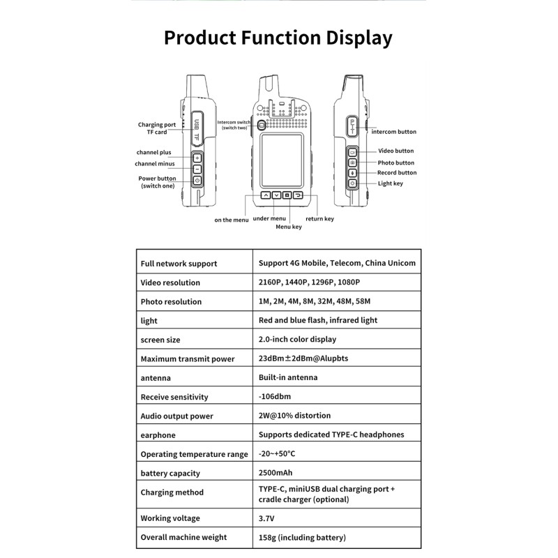 Portable 4G Network Audio and Video Intercom HD 4K Video Long Distance Handheld Group Talk Two Way Walkie Talkie
