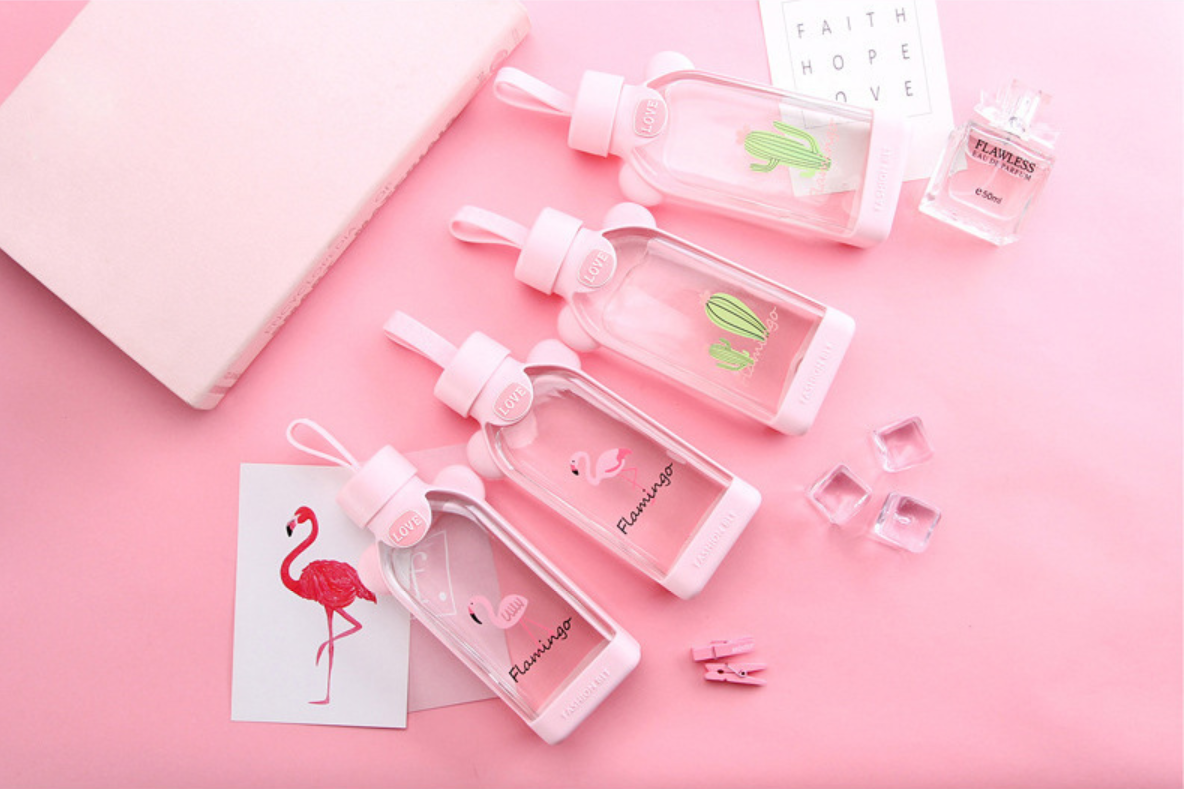 Flamingo Shape Cute Glass Bottle , Pink Glass Bottle With Silicone Sleeve