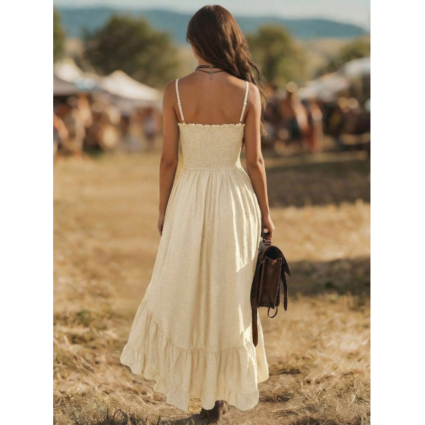 Bohemian Women's Dress with Front Short Back Long Hem Cinched Waist and Soft Lightweight Fabric