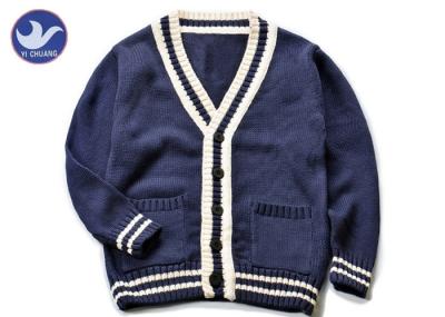 Cotton Stripes Collar Boys Navy Blue Cardigan Sweater , Boys Knitted Cardigan