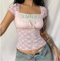 Parte superior quadrada do laço do colar da luva curto do Spandex do poliéster 5% de S 95% de Women do fabricante de roupa da quantidade pequena '