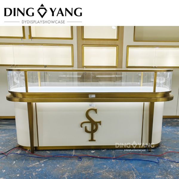 Professional Jewellery Counter Showcase with Hairline Gold and Matte Beige Finish