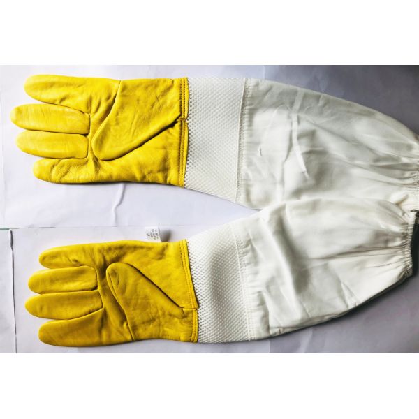 Yellow Sheepskin Gloves For Beekeeping With White Ventilated Wrist White Cloth Sleeve