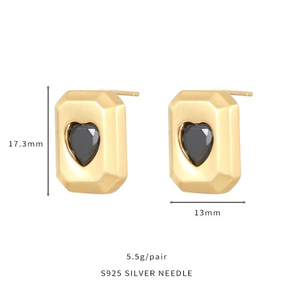 Wholesale Korean Style Trendy Brushed Effect Brass Square Heart CZ Stud Earrings High Quality Gold Silver Plating for Women