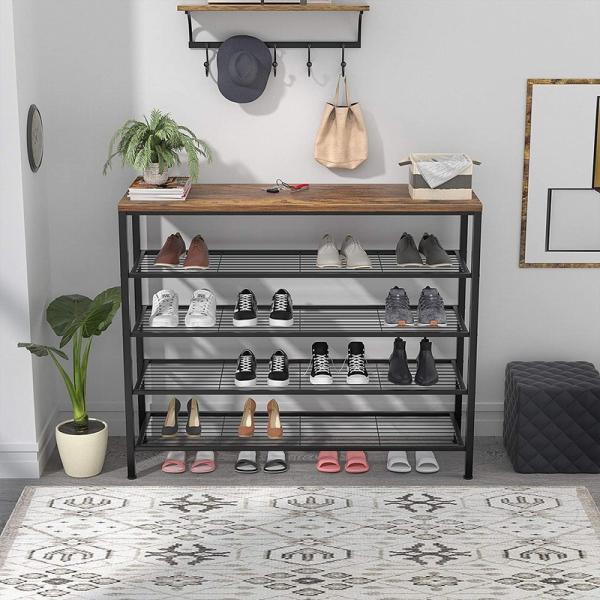 Rustic Large 5 Tier Metal 18 Pair Shoe Rack Unit With Wood Board