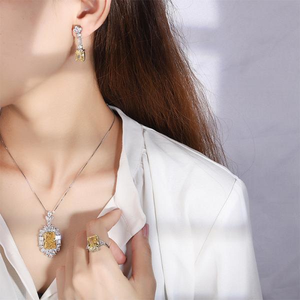 925 Sterling Silver Jewelry Set Radiant Cut Created Yellow Diamond Pendant Ring Earrings