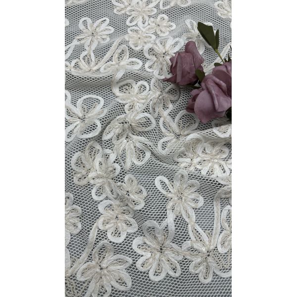 Luxury Corded Embroidered Lace Fabric Leafy Embroidery Fabric