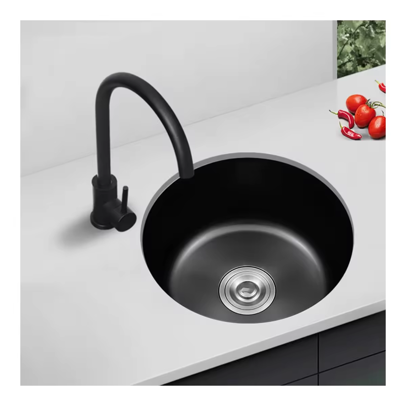 Small Round Kitchen Sink with Single Bowl and Mixer Tap Hole in 304 Stainless Steel