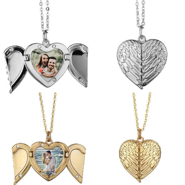Custom Sublimation Angel Wings Heart Locket Pendant Necklace Personalized Locket Necklace