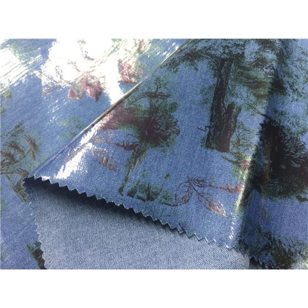 Black Flowers Printed Leather Look Fabric Bonded With Blue Fabric For Ladies Garment