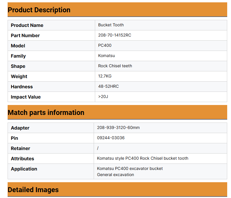 Les dents de godet roche pour excavatrice Komatsu 208-70-14152RC sont adaptées pour Komatsu PC400