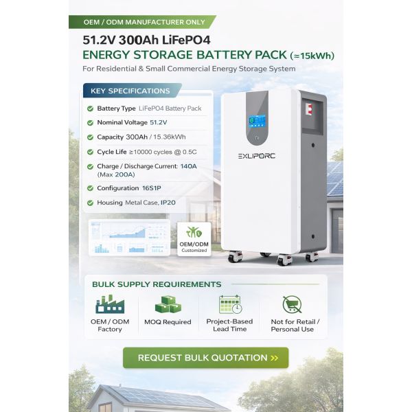 15kWh 51.2V LiFePO4 Commercial Energy Storage Battery 10000 Cycles for Solar System