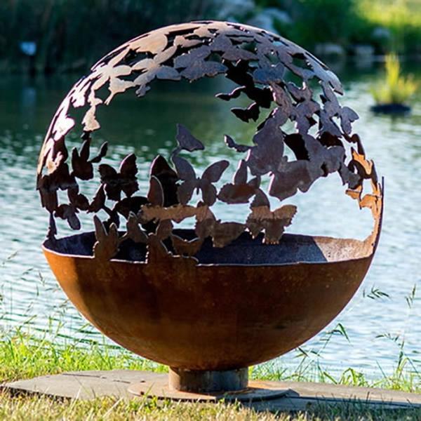 80cm Dia Butterfly Theme Corten Steel Ball Shaped Fire Pit For Patio Heater