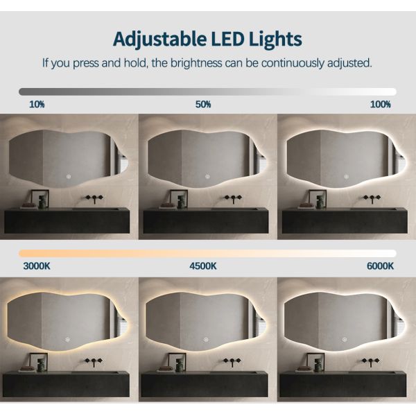 Dimming Customizable Backlit Vanity Mirror Wave Edge Wall-Mounted LED Bathroom Mirror with Anti-Fog