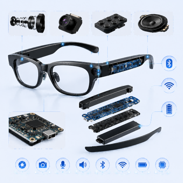 AI Smart Glasses ODM Development Solution Featuring Optical Camera Module Array Bluetooth WiFi and Battery Optimization
