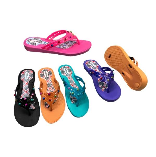 EVA Women Plaid Insole Flip Flops With Flower Cutout And Rhinestone Accents