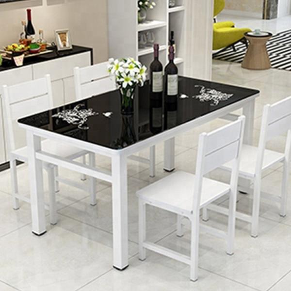 White / Black Glass Top Dining Table Set With Solid Thick Desktop