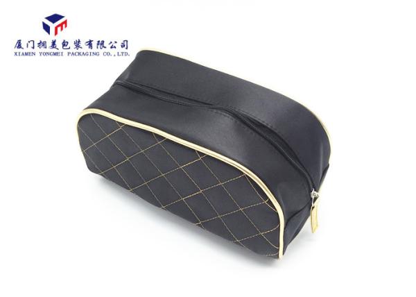 Round Corner Design Fabric Makeup Bag Black Zipper With Gold Leather Head