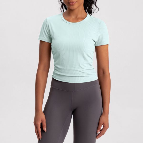 Ribbed Short Sleeve Women Activewear Tops Beige Slim Fit Moisture Wicking