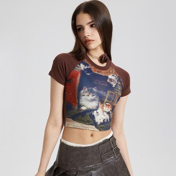 2024 Verão O Neck Apertado Slim Fit Camisa de algodão cortada Manga curta Y2k Crop Top Baby T-shirts tricô