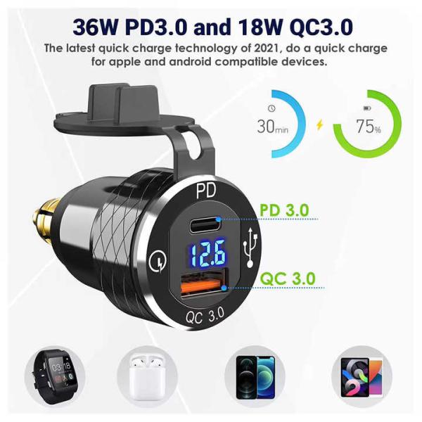 QC3 0 PD 54W Aluminum Dual Port USB Car Charger 12-24V Voltage Monitoring