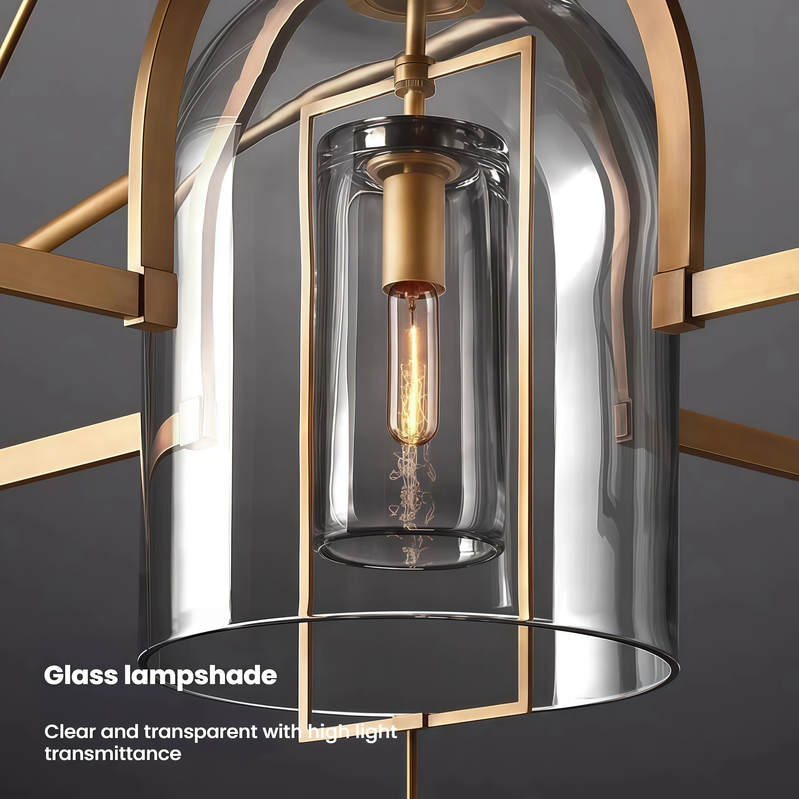 JYLIGHTING Modern Brass & Smoke Glass Pendant Light, Double Layer Cage Suspension Lamp for Kitchen Island & Dining Area