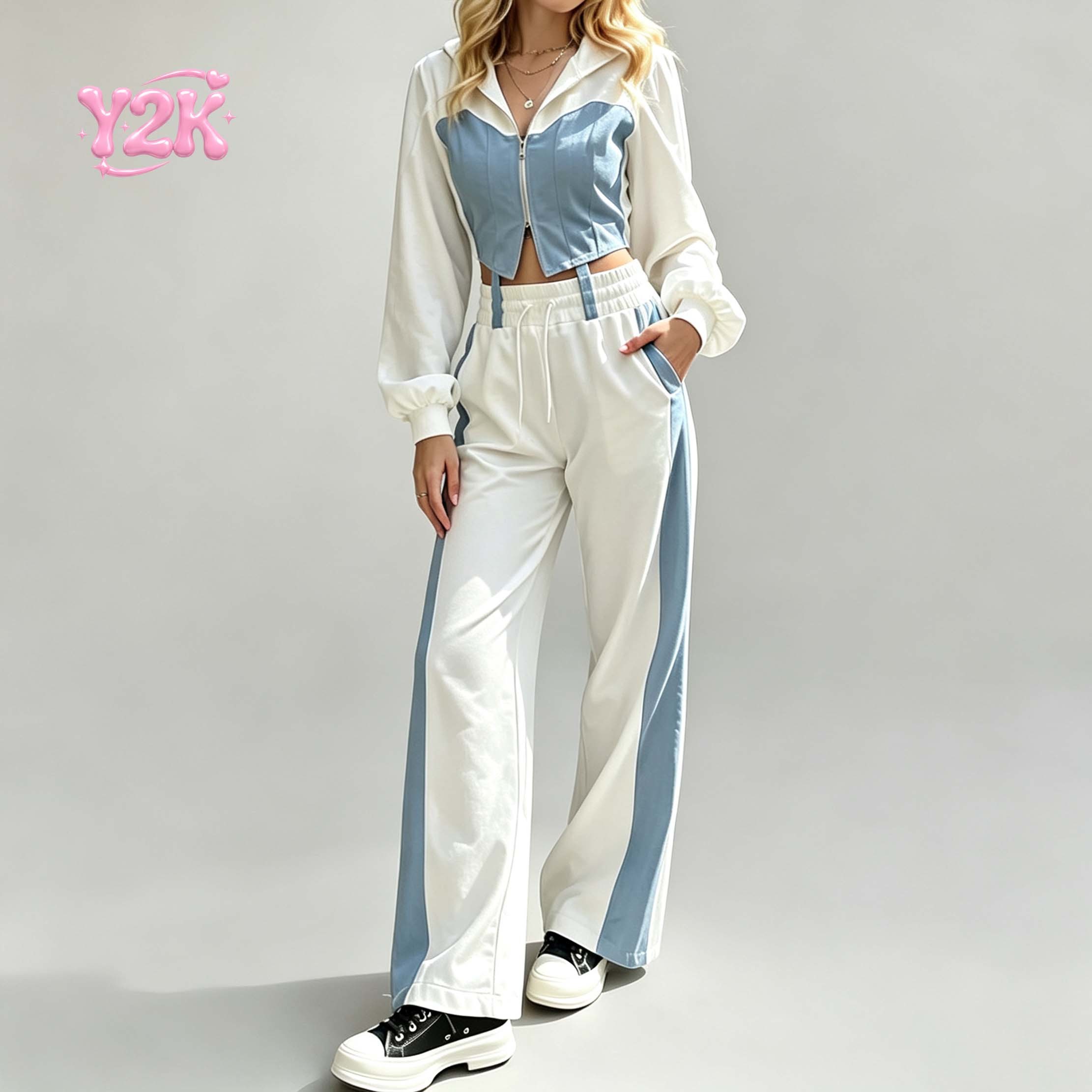 Custom Women's Color Block Cropped Jacket Wide Leg Pants Set