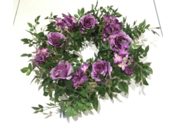 55cm Purple Rose Faux Flower Wreath With Green Leaves