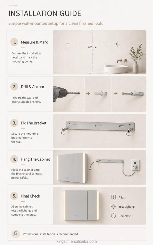 Kingstin Custom ABS LED Bathroom Mirror Cabinet with Storage for Hotels and Homes, 3 Color Temperatures and 5 Flexible Options