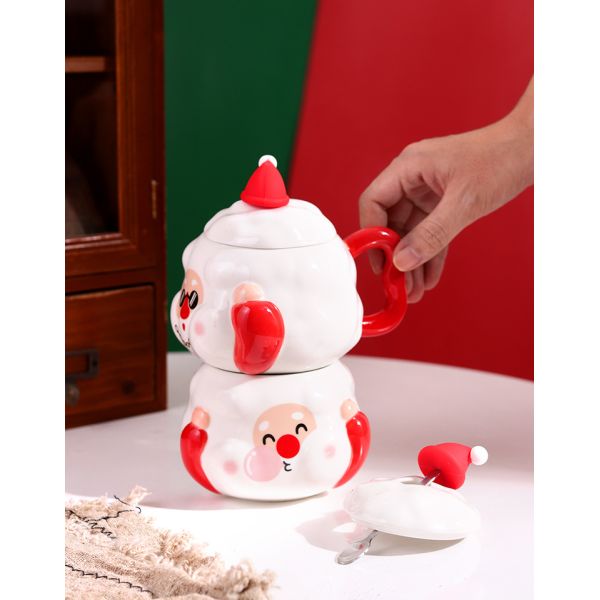 Christmas Occasion Coffee Mugs Custom Santa Cartoon Ceramic Mug with Lid Spoon Gift Set
