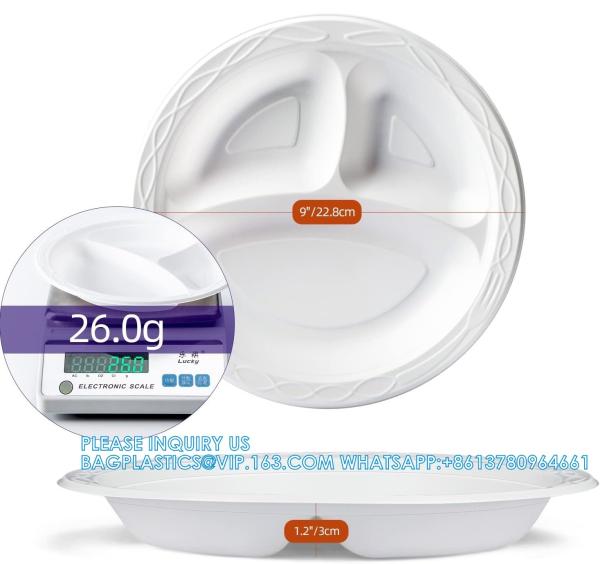 White Plastic Plates, 9 Inch 3 Compartments 150 Pack Food Grade Material BPA Free Reusable Dinner Plates