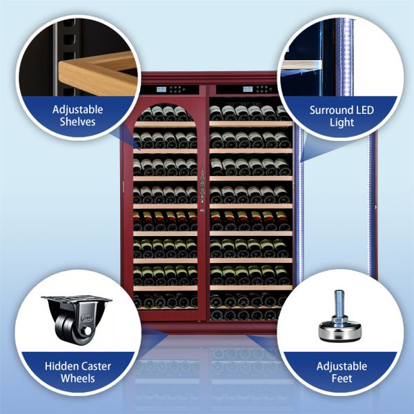 Burgundy Solid Wood Dual Zone Kitchen Wine Cooler with Smart Digital Control Panel
