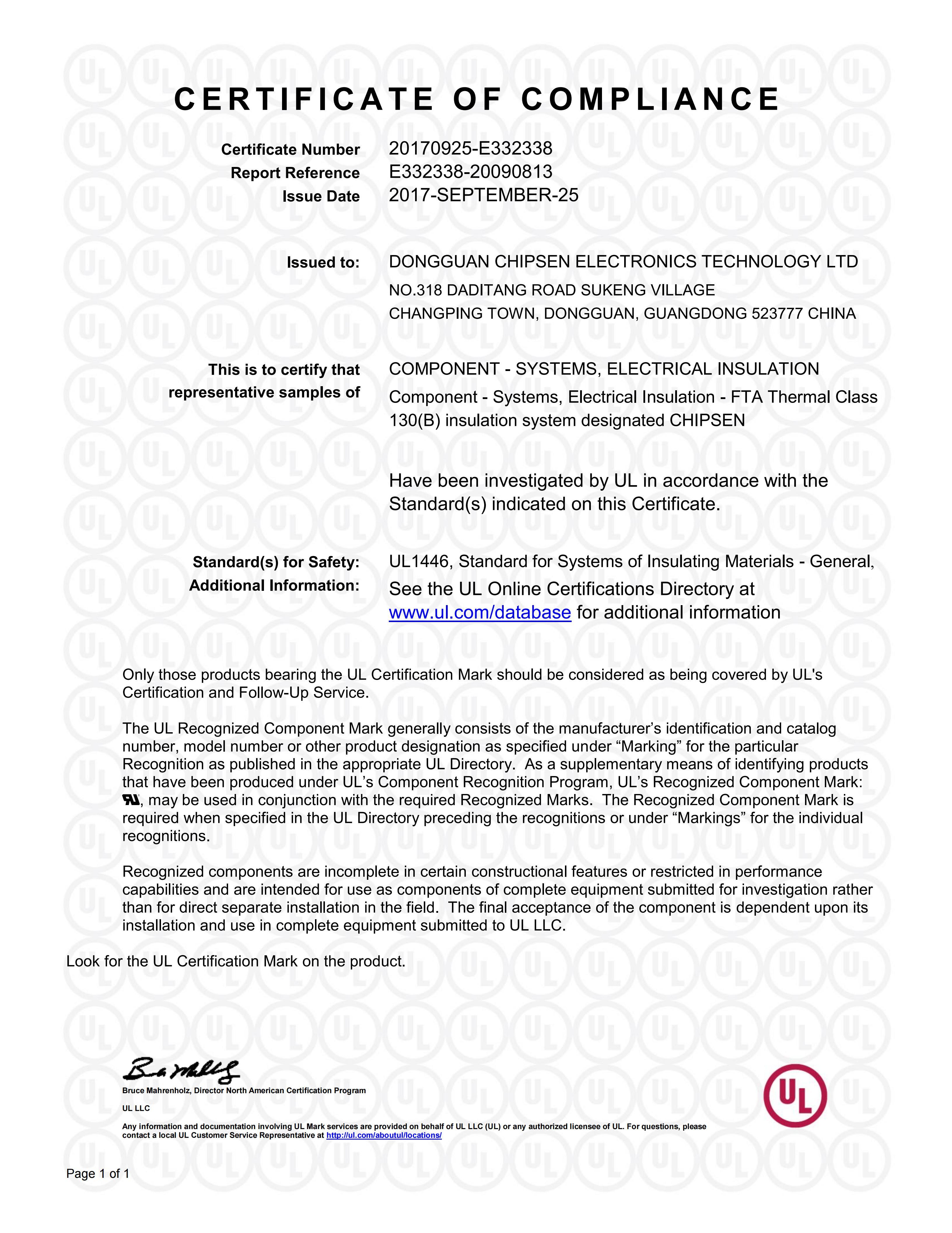 Dongguan Chipsen Electronics Technology Co., Ltd. Certifications