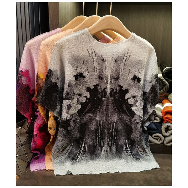 Niche Design Sense Heavy Industry Summer Women's New Neck Bat Sleeve T-shirt Ink Printed Jersey Short Casual Bat Wing Sleeves