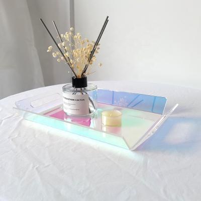 Square Large Acrylic Serving Tray With Handles Rainbow Drink Insert Curved White Plastic Food
