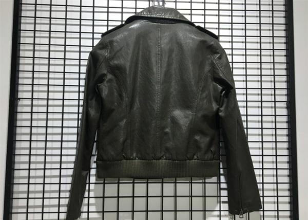 Dark Green Slant Placket Ladies Pleather Jacket With Zip Through Biker