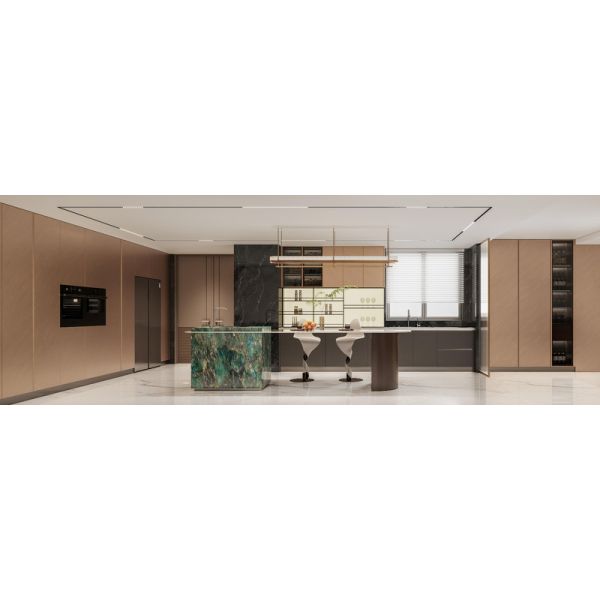 Софистицированные жилые кухонные шкафы из нержавеющей стали с глубокими серыми и коричневыми акцентами