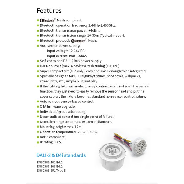 Zhaga Book18 Based SILVAIR Bluetooth Mesh PIR highbay motion sensor, DALI-2 D4i output, self-contained 