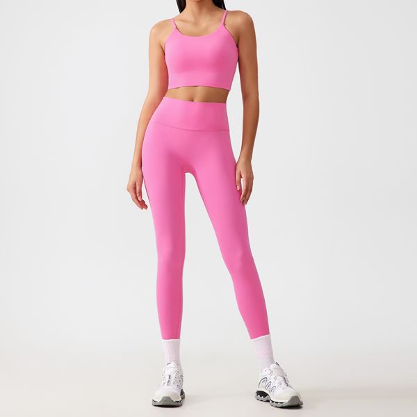 Spaghetti Strap Cropped Yoga Clothing Set 4 Way Stretch Sports Bra Top High Waisted