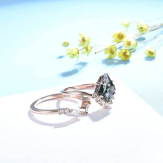 Large Hexagon Moss Agate Statement Wedding Cluster Ring Set