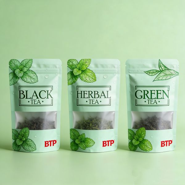 Custom Logo Heavy-Duty Durable Food Grade BPA Free PE Tea Stand up Pouch with Resealable Zipper Top Tear Notch & Clear Window
