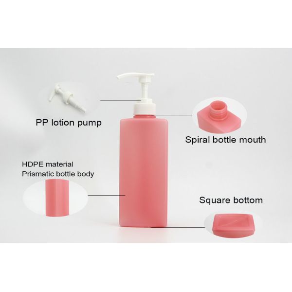 Square Pink 500ml Shampoo Shower Bottle White Press Pump